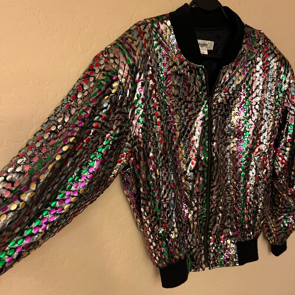 Mighty Retro/Vintage Metallic Silver Bomber Jacket with Multi-Colour Sequins - Picture 9 of 16